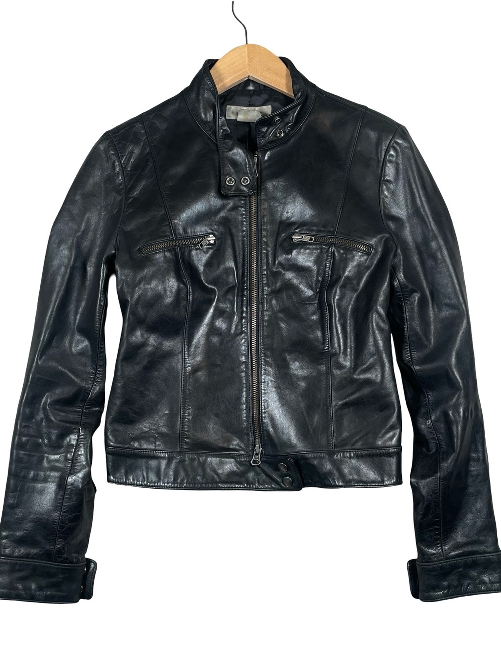 Nine West Black Leather Moto Jacket with Snap Collar